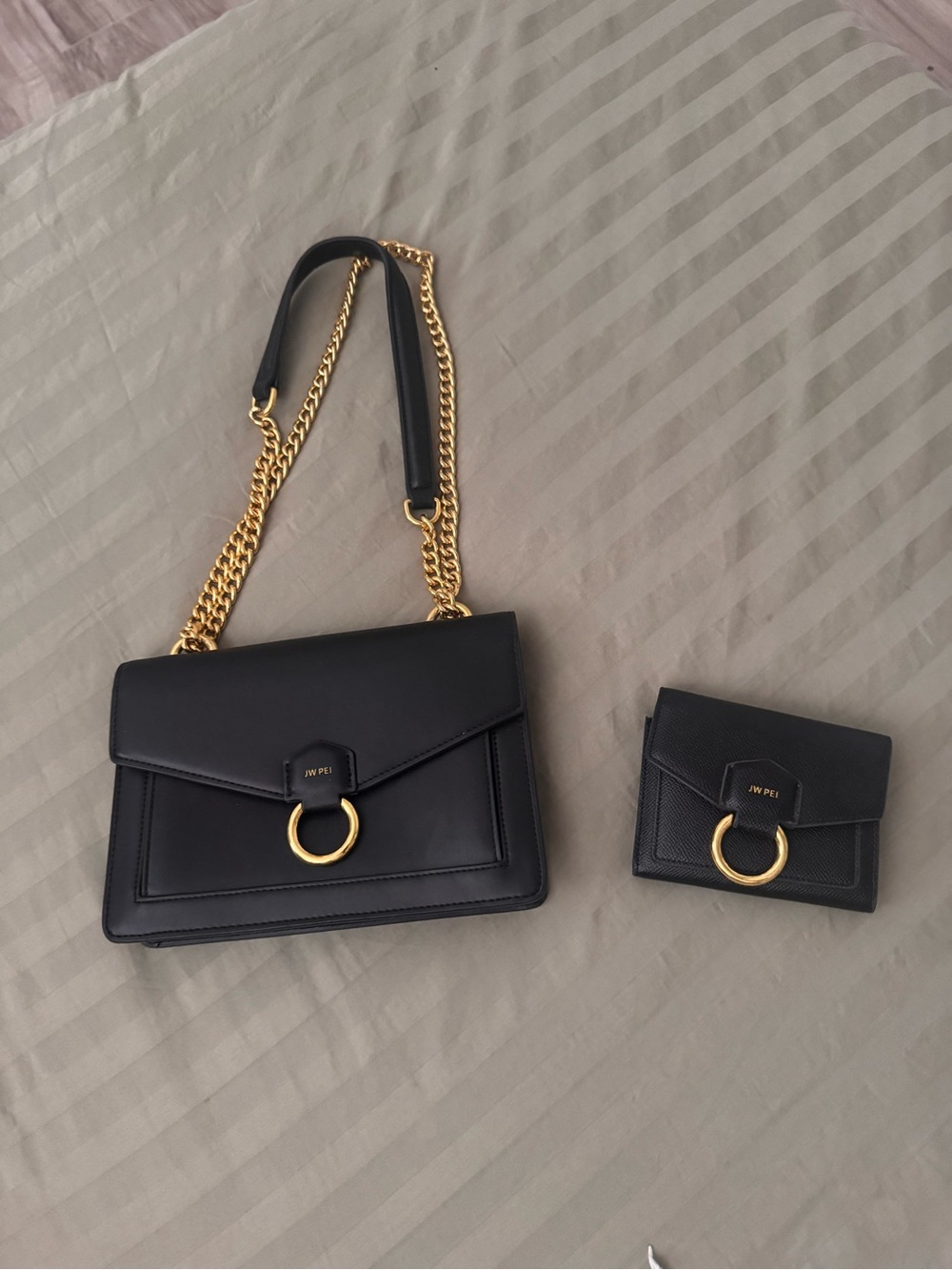 JW PEI Black Shoulder Bag with Gold Ring Chain and Matching Wallet